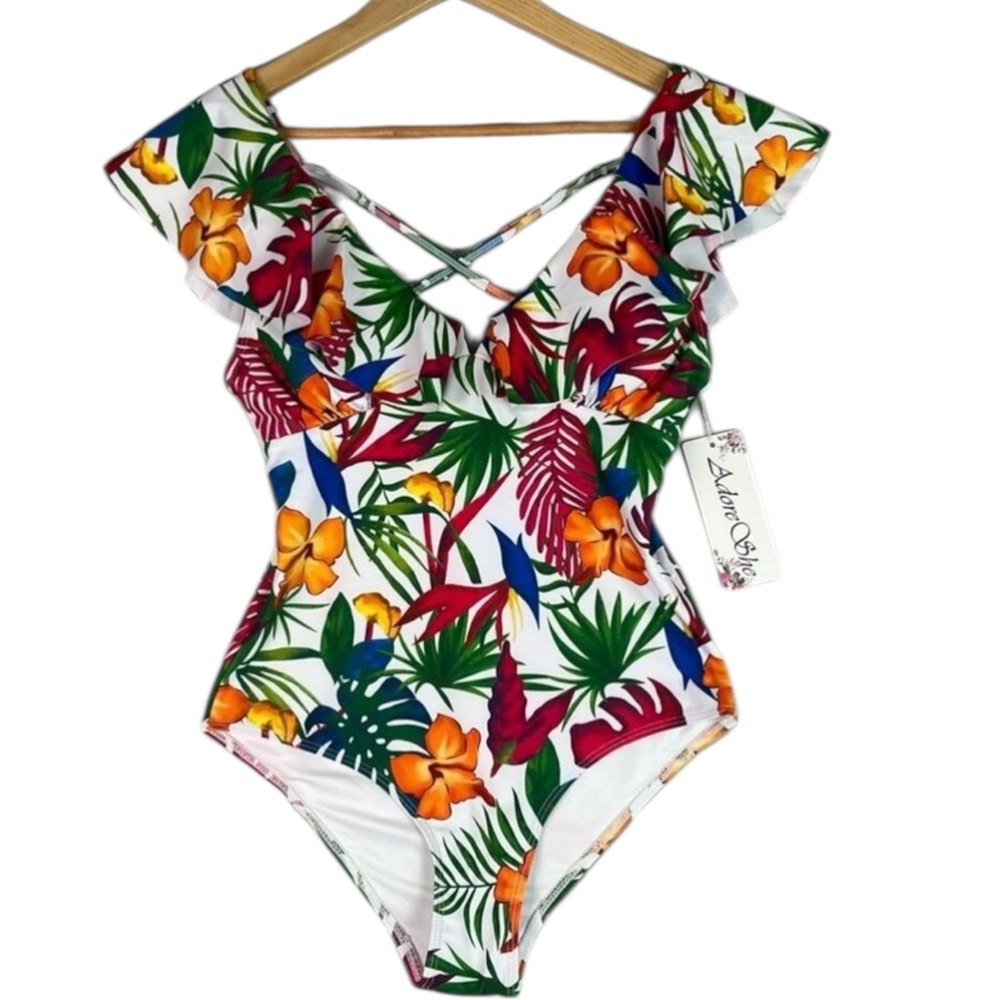 Tropical Floral One Piece Swimsuit Womens Small Flutter Shoulder New With Tags